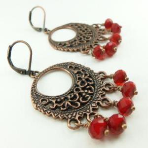 Blood Red Chandelier Earrings Copper Jewelry..