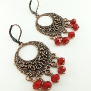 Blood Red Chandelier Earrings Copper Jewelry..