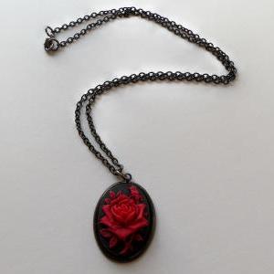 Rose Cameo Necklace Black Red Rose Pendant Gothic..