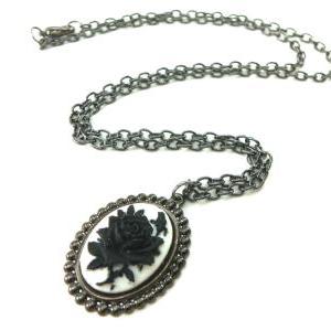 Gothic Cameo Necklace White Black Rose Pendant..