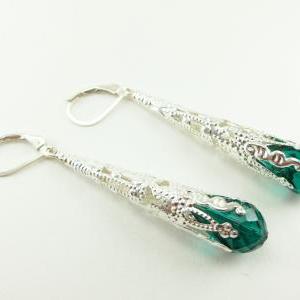 Long Silver Dangle Earrings Emerald Green Filigree..