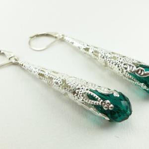 Long Silver Dangle Earrings Emerald Green Filigree..