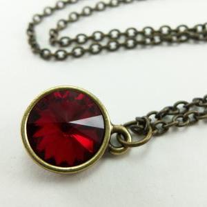 Ruby Red Crystal Necklace Antiqued Brass Jewelry..