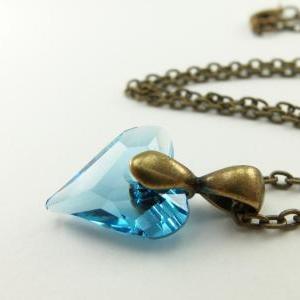 Aqua Necklace Crystal Heart Necklace Antiqued..