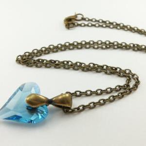 Aqua Necklace Crystal Heart Necklace Antiqued..