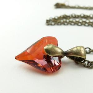 Red Heart Necklace Crystal Heart Pendant Antiqued..