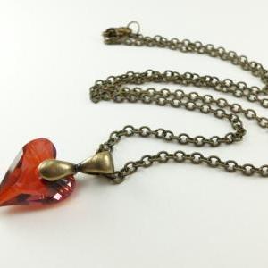 Red Heart Necklace Crystal Heart Pendant Antiqued..