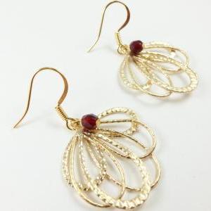 Gold Earrings Red Jewelry Metal Feather Loopy..