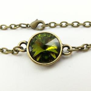 Olive Green Bracelet Antiqued Brass Chain Bracelet..