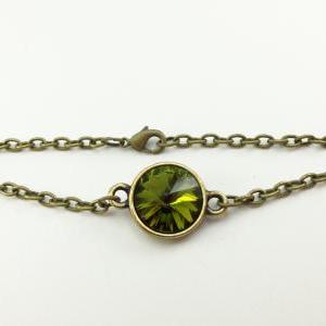 Olive Green Bracelet Antiqued Brass Chain Bracelet..