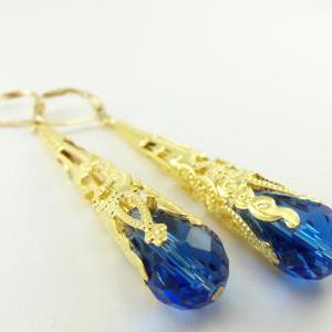 Blue Earrings Gold Filigree Dangle Earrings Long..