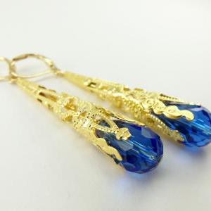 Blue Earrings Gold Filigree Dangle Earrings Long..