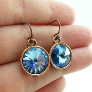 Light Sapphire Copper Drop Earrings Crystal..
