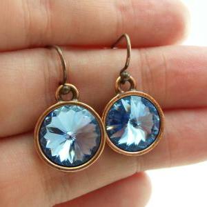 Light Sapphire Copper Drop Earrings Crystal..