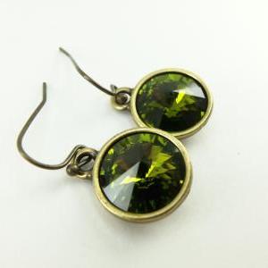 Olive Green Earrings Antiqued Brass Crystal..