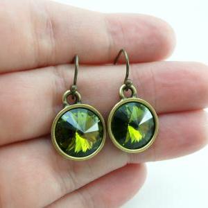 Olive Green Earrings Antiqued Brass Crystal..
