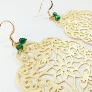 Green Gold Earrings Filigree Boho Chic Large..