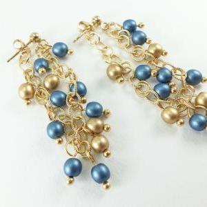 Blue Gold Chain Earrings Gold Long Dangle Earrings..