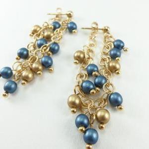 Blue Gold Chain Earrings Gold Long Dangle Earrings..