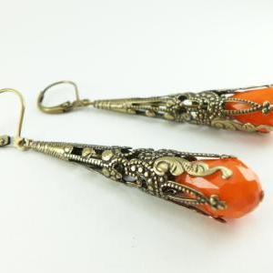 Orange Earrings Brass Filigree Leverback Dangle..