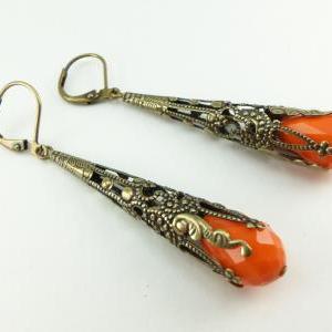 Orange Earrings Brass Filigree Leverback Dangle..