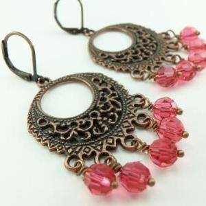 Pink And Copper Chandelier Earrings Boho Style..