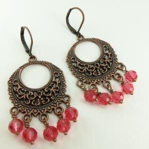 Pink And Copper Chandelier Earrings Boho Style..