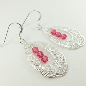 Pink And Silver Earrings Filigree Teardrop..