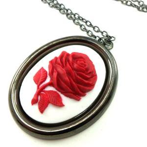 Large Red Pendant Red Rose Necklace White Cameo..