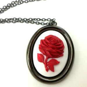 Large Red Pendant Red Rose Necklace White Cameo..