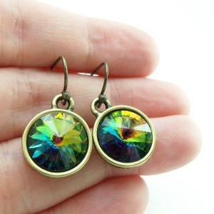 Rainbow Earrings Antiqued Brass Crystal Earrings..