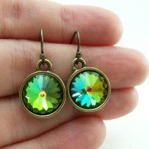 Rainbow Earrings Antiqued Brass Crystal Earrings..
