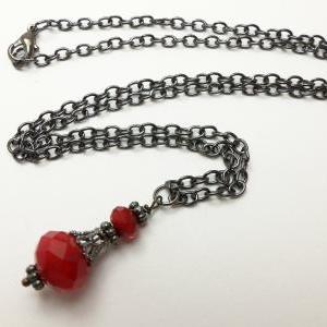 Gunmetal Red Beaded Necklace Gothic Jewelry Beaded..