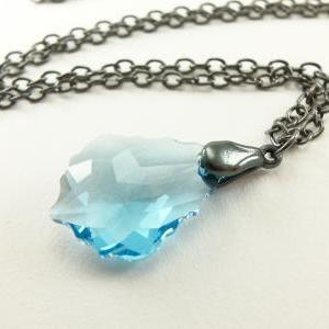 Dark Silver Metal Necklace Crystal Aqua Necklace..