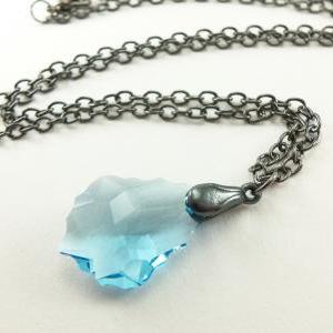 Dark Silver Metal Necklace Crystal Aqua Necklace..