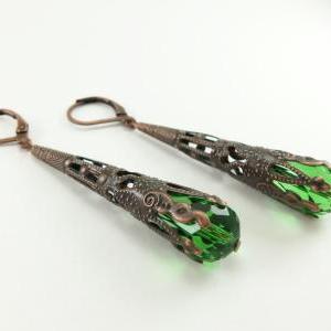 Green Dangle Copper Earrings Long Dangle Filigree..