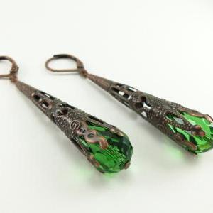 Green Dangle Copper Earrings Long Dangle Filigree..