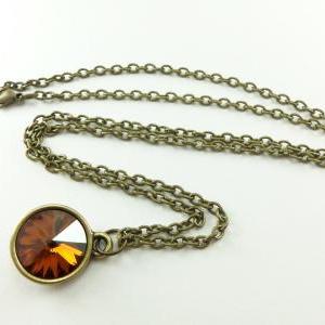 Dark Amber Crystal Necklace Brass Brown Jewelry..