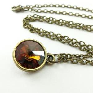 Dark Amber Crystal Necklace Brass Brown Jewelry..