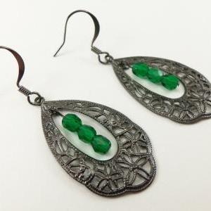 Beaded Green Earrings Green Jewelry Dark Earrings..