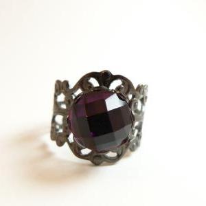 Dark Purple Adjustable Ring Dark Silver Ring..