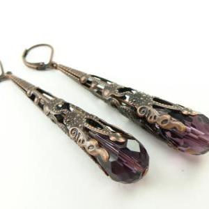 Purple Copper Dangle Earrings Filigree Antiqued..