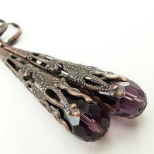 Purple Copper Dangle Earrings Filigree Antiqued..