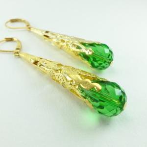 Green And Gold Earrings Leverback Dangle Earrings..