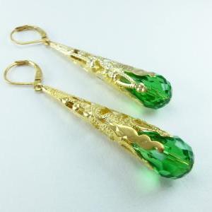 Green And Gold Earrings Leverback Dangle Earrings..