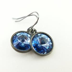 Light Sapphire Earrings Dark Silver Crystal..