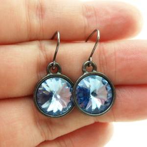 Light Sapphire Earrings Dark Silver Crystal..