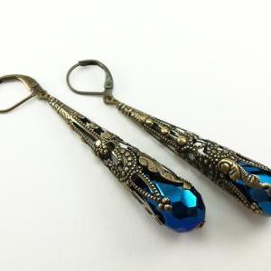 Long Brass Filigree Earrings Metallic Blue Dark..