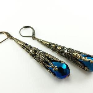 Long Brass Filigree Earrings Metallic Blue Dark..