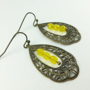 Bright Yellow Earrings Victorian Brass Teardrop..